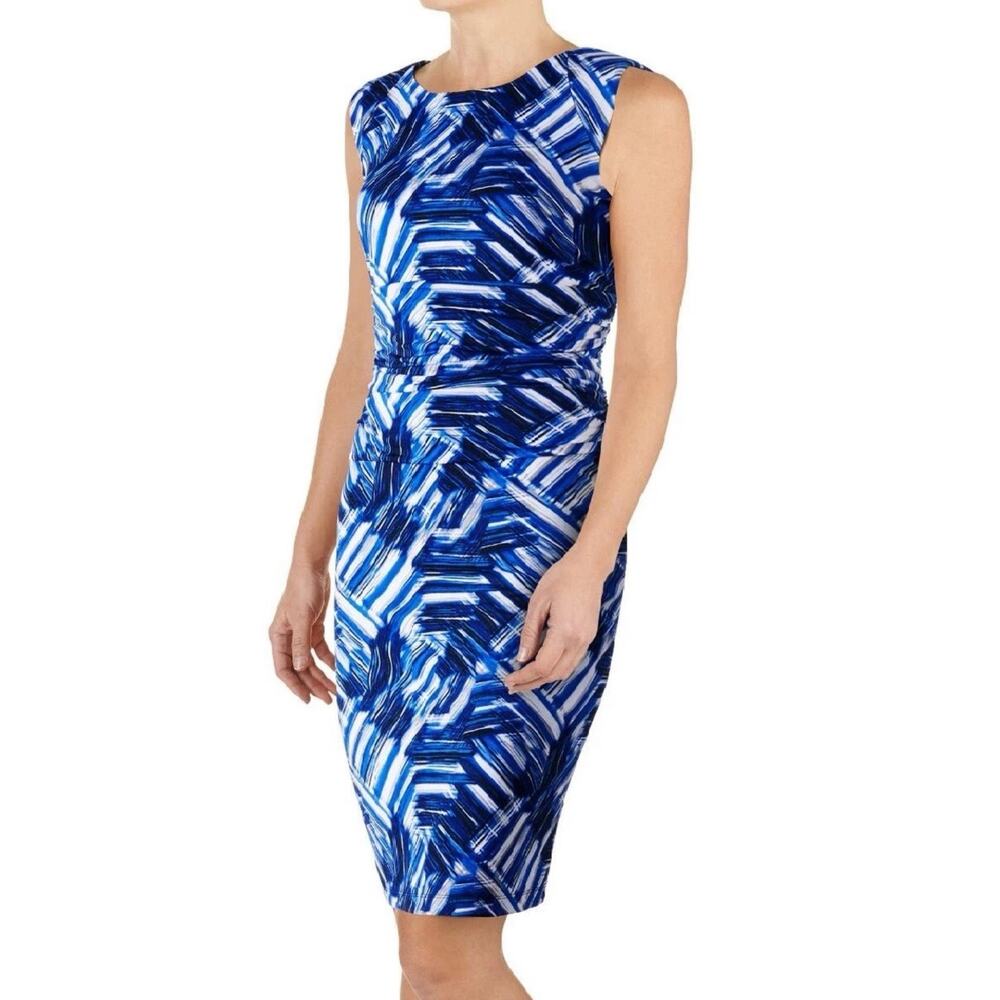 Nine West 3946 Blue 14 Abstract Ruched Waist Stretch Jersey Sheath Dress $98 - Picture 5 of 16